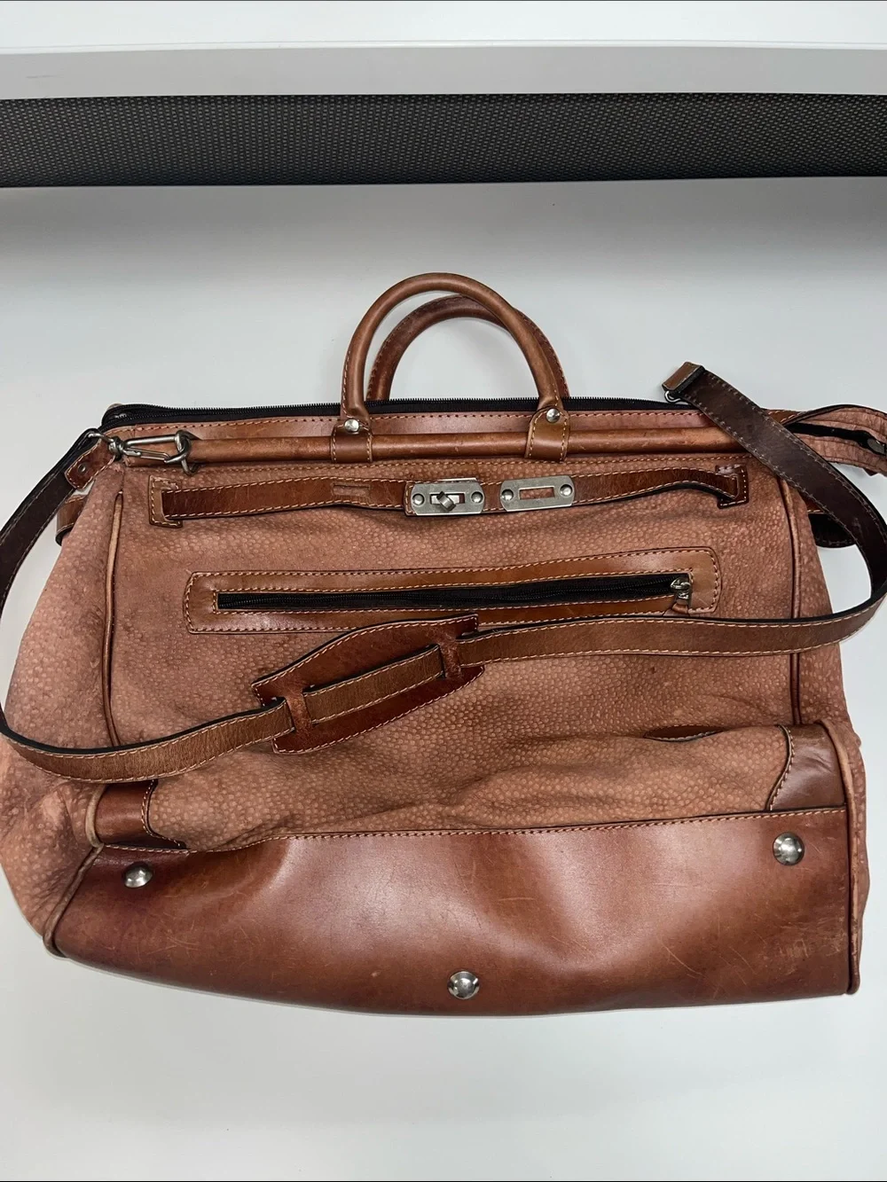 Men's Brown Leather Duffel Bag with Shoulder Strap